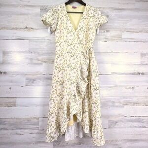 Mi Ami Francesca's Yellow Floral Wrap Dress Ruffle High Low Midi Linen Blend M